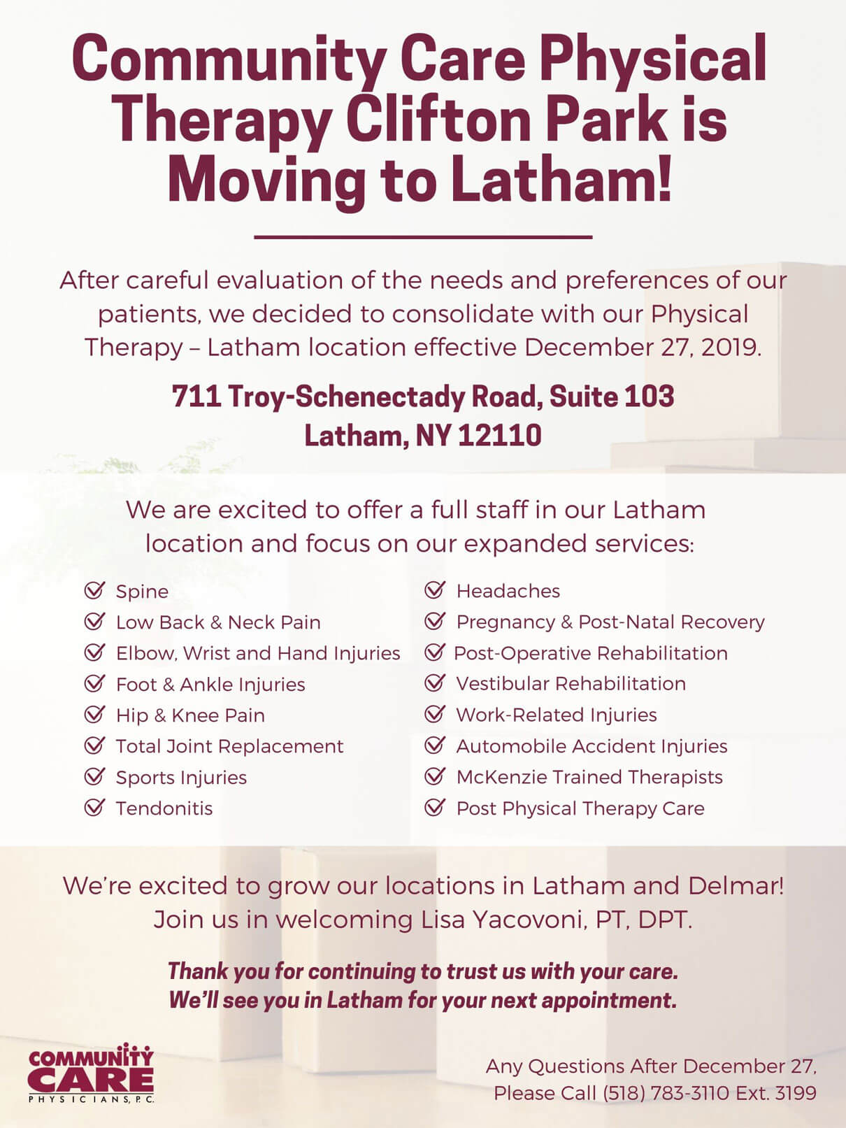 Community Care Physical Therapy Clifton Park is Moving to Latham